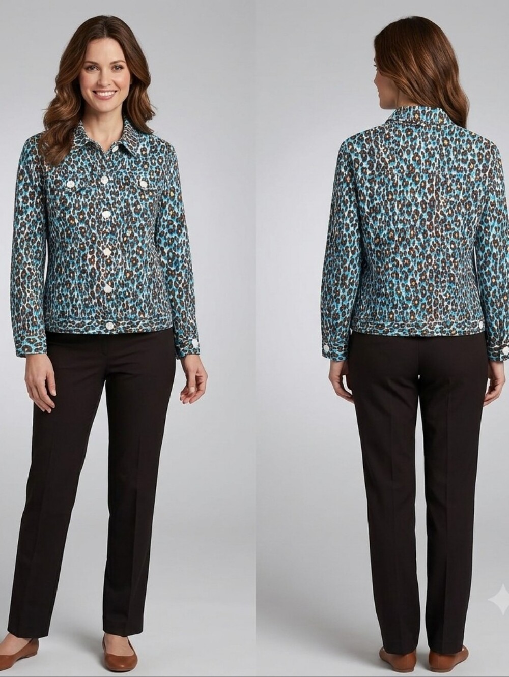Ruby Rd. 16P Teal & Brown Leopard Print Button-Front Jacket. Linen blend. - Picture 2 of 16